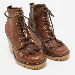 Tory Burch Brown Leather Fringe Detail Wedge Derby Ankle Boots Size 38.5