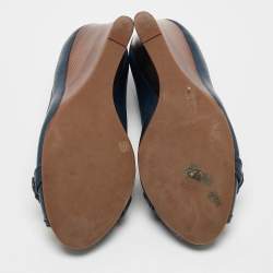 Pre Owned Tory Burch Navy Blue Leather Metal Logo Wedge Pumps Size 37.5