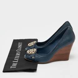 Pre Owned Tory Burch Navy Blue Leather Metal Logo Wedge Pumps Size 37.5