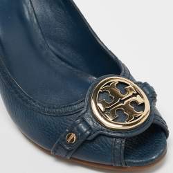 Pre Owned Tory Burch Navy Blue Leather Metal Logo Wedge Pumps Size 37.5