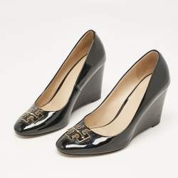 Pre Owned Tory Burch Black Leather Leticia Wedge Pumps Size 37