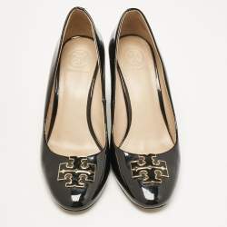 Pre Owned Tory Burch Black Leather Leticia Wedge Pumps Size 37