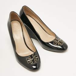 Pre Owned Tory Burch Black Leather Leticia Wedge Pumps Size 37