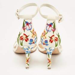 Pre Owned Tory Burch Off-White Embroidered Canvas Ankle Strap Sandals Size 38