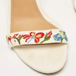Pre Owned Tory Burch Off-White Embroidered Canvas Ankle Strap Sandals Size 38