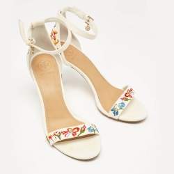 Pre Owned Tory Burch Off-White Embroidered Canvas Ankle Strap Sandals Size 38