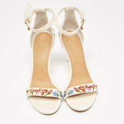 Pre Owned Tory Burch Off-White Embroidered Canvas Ankle Strap Sandals Size 38