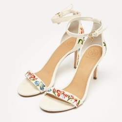 Pre Owned Tory Burch Off-White Embroidered Canvas Ankle Strap Sandals Size 38