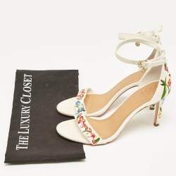 Pre Owned Tory Burch Off-White Embroidered Canvas Ankle Strap Sandals Size 38