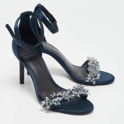 Tory Burch Blue Satin Crystal Embellished Ankle Strap Sandals Size 37.5