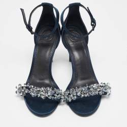 Tory Burch Blue Satin Crystal Embellished Ankle Strap Sandals Size 37.5