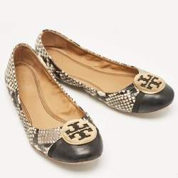Tory Burch Black/Cream Python Embossed Reva Ballet Flats Size 36.5