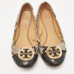 Tory Burch Black/Cream Python Embossed Reva Ballet Flats Size 36.5