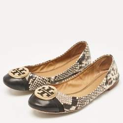 Tory Burch Black/Cream Python Embossed Reva Ballet Flats Size 36.5