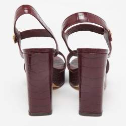 Tory Burch Burgundy Croc Embossed Leather martine Ankle Strap Sandals Size 39