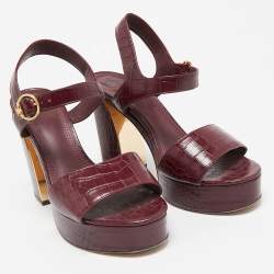 Tory Burch Burgundy Croc Embossed Leather martine Ankle Strap Sandals Size 39