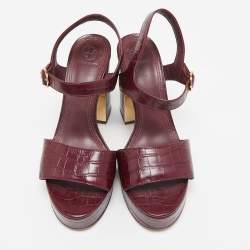 Tory Burch Burgundy Croc Embossed Leather martine Ankle Strap Sandals Size 39