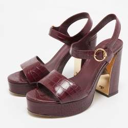 Tory Burch Burgundy Croc Embossed Leather martine Ankle Strap Sandals Size 39