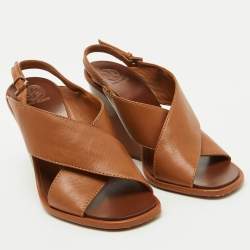 Tory Burch Brown Leather Gabriel Slingback Wedge Sandals Size 36.5