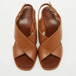 Tory Burch Brown Leather Gabriel Slingback Wedge Sandals Size 36.5