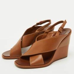 Tory Burch Brown Leather Gabriel Slingback Wedge Sandals Size 36.5