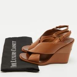 Tory Burch Brown Leather Gabriel Slingback Wedge Sandals Size 36.5