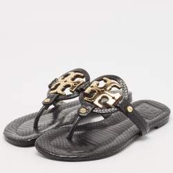 Pre Owned Tory Burch Black Python Embossed Leather Logo Miller Thong Flats Size 35.5