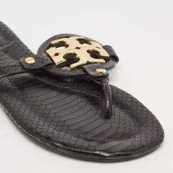 Pre Owned Tory Burch Black Python Embossed Leather Logo Miller Thong Flats Size 35.5
