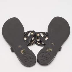 Pre Owned Tory Burch Black Python Embossed Leather Logo Miller Thong Flats Size 35.5