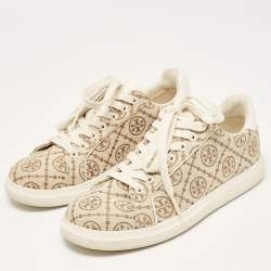 Pre Owned Tory Burch Beige Canvas and Leather T Monogram Lace Up Sneakers Size 38