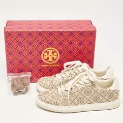Pre Owned Tory Burch Beige Canvas and Leather T Monogram Lace Up Sneakers Size 38