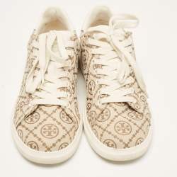 Pre Owned Tory Burch Beige Canvas and Leather T Monogram Lace Up Sneakers Size 38