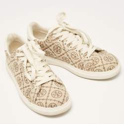 Pre Owned Tory Burch Beige Canvas and Leather T Monogram Lace Up Sneakers Size 38