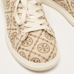 Pre Owned Tory Burch Beige Canvas and Leather T Monogram Lace Up Sneakers Size 38