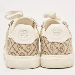 Pre Owned Tory Burch Beige Canvas and Leather T Monogram Lace Up Sneakers Size 38
