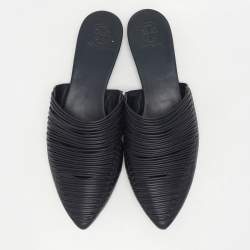 Pre Owned Tory Burch Navy Blue Leather Sienna Mules Size 38