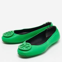 Tory Burch Green Leather Minnie Scrunch Ballet Flats Size 35.5