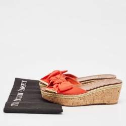 Tory Burch Orange Canvas Bow Cork Wedge Slide Sandals Size 35