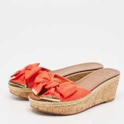 Tory Burch Orange Canvas Bow Cork Wedge Slide Sandals Size 35