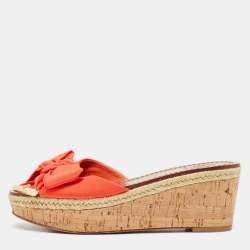 Tory Burch Orange Canvas Bow Cork Wedge Slide Sandals Size 35