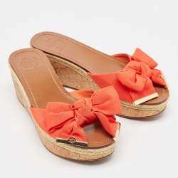 Tory Burch Orange Canvas Bow Cork Wedge Slide Sandals Size 35