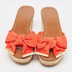 Tory Burch Orange Canvas Bow Cork Wedge Slide Sandals Size 35