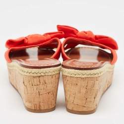 Tory Burch Orange Canvas Bow Cork Wedge Slide Sandals Size 35