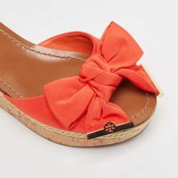 Tory Burch Orange Canvas Bow Cork Wedge Slide Sandals Size 35
