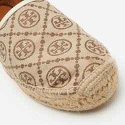 Pre Owned Tory Burch Brown/Beige T Monogram Canvas and Leather Espadrille Flats Size 38.5