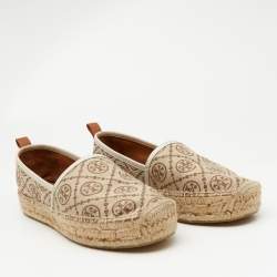 Pre Owned Tory Burch Brown/Beige T Monogram Canvas and Leather Espadrille Flats Size 38.5