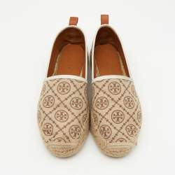 Pre Owned Tory Burch Brown/Beige T Monogram Canvas and Leather Espadrille Flats Size 38.5