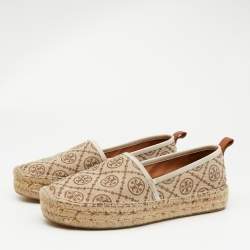 Pre Owned Tory Burch Brown/Beige T Monogram Canvas and Leather Espadrille Flats Size 38.5