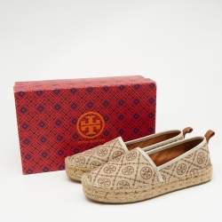Pre Owned Tory Burch Brown/Beige T Monogram Canvas and Leather Espadrille Flats Size 38.5