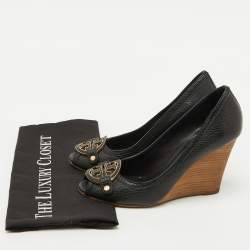 Tory Burch Black Leather Logo Peep Toe Wedge Pumps Size 38